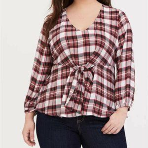 torrid Size 2X Red Black Plaid Georgette Tie-Front Dark Academia Blouse 4558